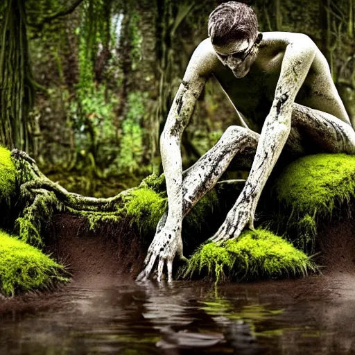 Image similar to Enigmatic Slender Man with Mud and Moss over his skin and plants growing on him is kneeling in a dirty pond, Photorealistic, Sunlight, Creepy, Photograph, National Geographic, Hyperdetailed