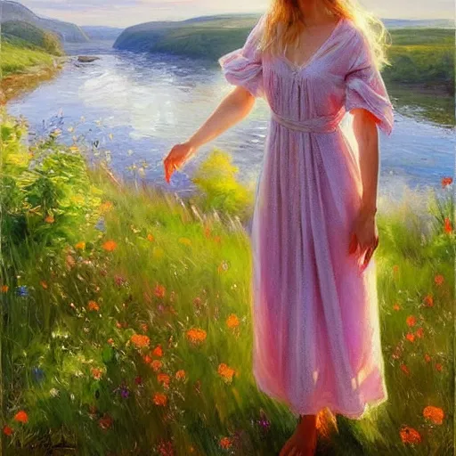 Image similar to blonde woman, nightgown, swedish countryside, archipelago, morning, masterpiece, highly detailed, beautiful, atmospheric, impressionism, painting by Vladimir Volegov