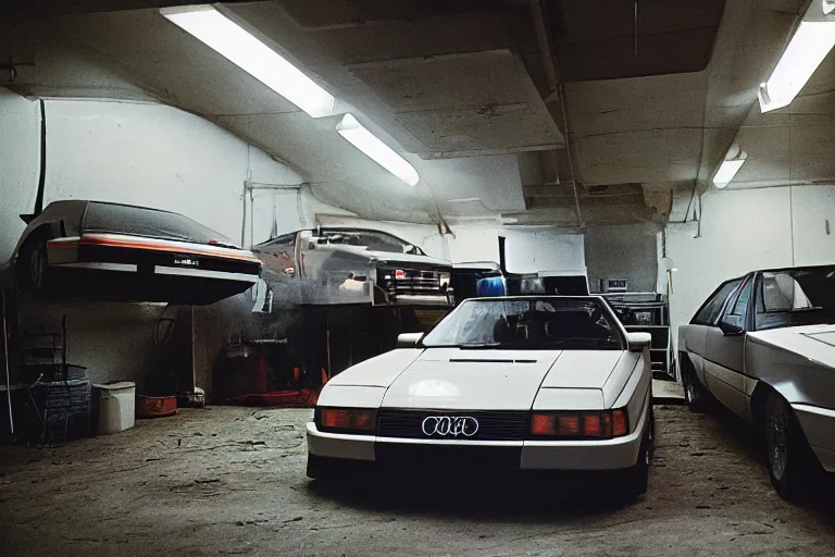 Image similar to a single 1988 Audi Quattro, BMW M1 Lincoln Continental, inside of a Tokyo garage, ektachrome photograph, volumetric lighting, f8 aperture, cinematic Eastman 5384 film