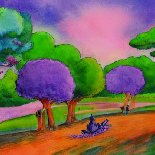 Prompt: a landscape with a purple sun with cotton candy trees flying ducks, the lorax, water color
