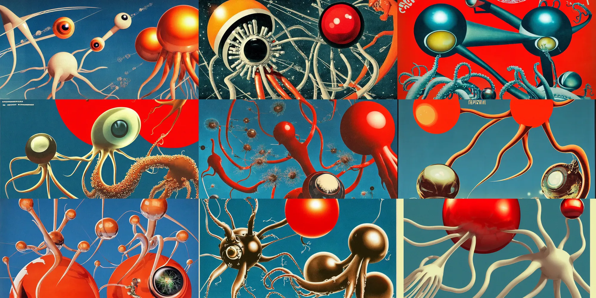 Prompt: a soviet era propaganda poster masterful 3d render featuring a chrome and living tissue dendritic organic Sputnik with one gigantic squid eye releasing its !!spores!! while in orbit around the earth, sculpted !!!!iridescent!!!! tissue, soft lighting, chrome and viscera and bone, composition, Cronenberg automata, Marsden, ito, Ryden, sci-fi, Koons, Dieter Rams,