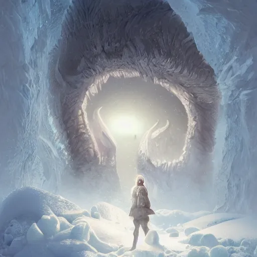 Image similar to A monster in the Arctic covered in snow, fractal Lighting, by Stanley Artgerm Lau, WLOP, Rossdraws, James Jean, Andrei Riabovitchev, Marc Simonetti, and Sakimichan, trending on artstation