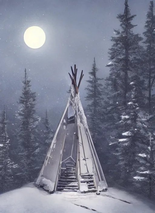 Prompt: an abandoned teepee on the top of a snowy mountain, waxing moon, greg rutkowski, 8 k, shallow depth of field, intricate detail, concept art,