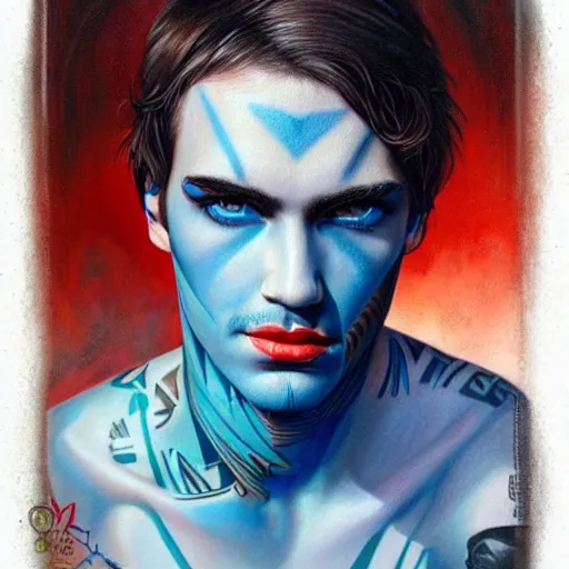 Prompt: ultra realistic portrait painting of a perfect handsome man blue eyes black hair stubble tribal tattoo, painted by Tristan Eaton Stanley Artgerm and Tom Bagshaw