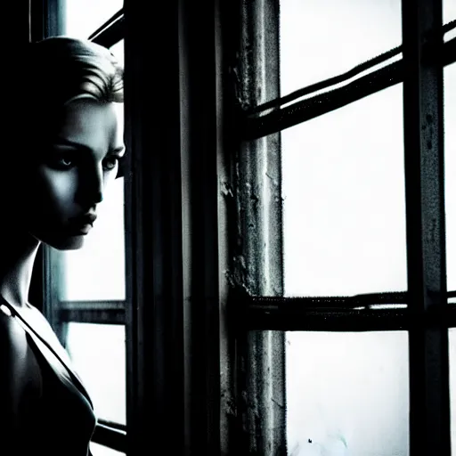 Image similar to worried, runaway beautiful supermodel replicant looking out the window in a dirty abandoned factory, short blonde hair, cyberpunk outfit, still from closed circuit tv footage, high angle
