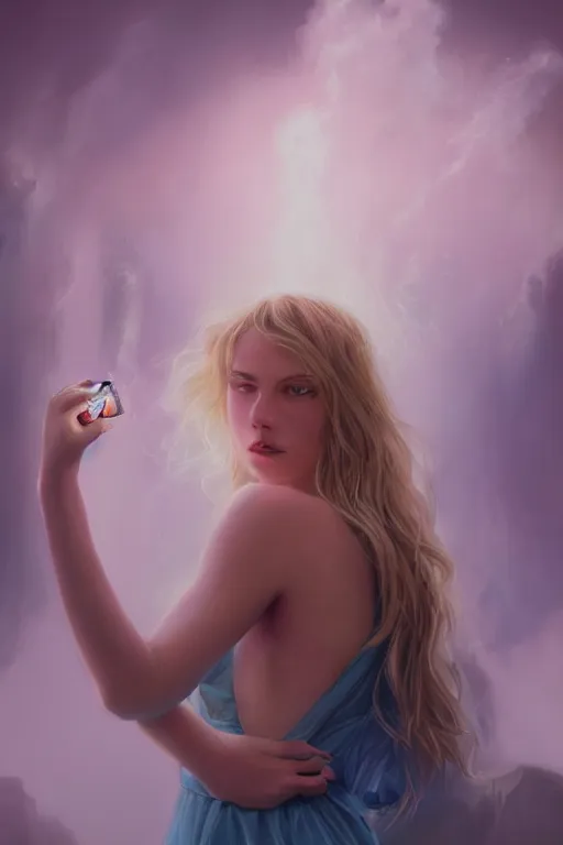 Image similar to an insanely detailed close up portrait of a beautiful blonde haired woman, blue dress, holding nikon camera, background is a fountain in the park, in the style of peter mohrbacher, artgerm, dramatic lighting and composition, pink fog background, octane render, trending on artstation, concept art 8 k