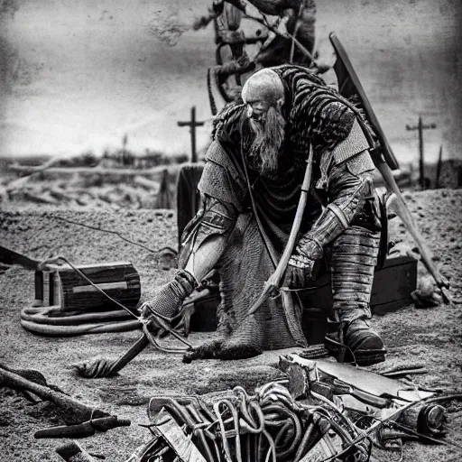 Image similar to wise angle photo of viking in armor working on the mechanical ancient device, tools and junk on the ground,wires and lights, old village in the distance, vintage old photo, black and white, sepia