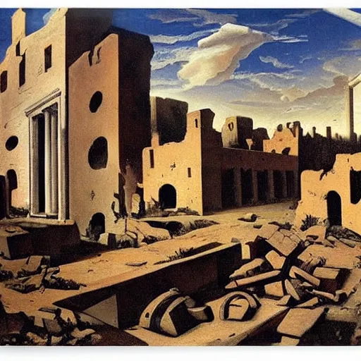 Prompt: the ruins of an old overgrown city at the end of times painting by de chirico