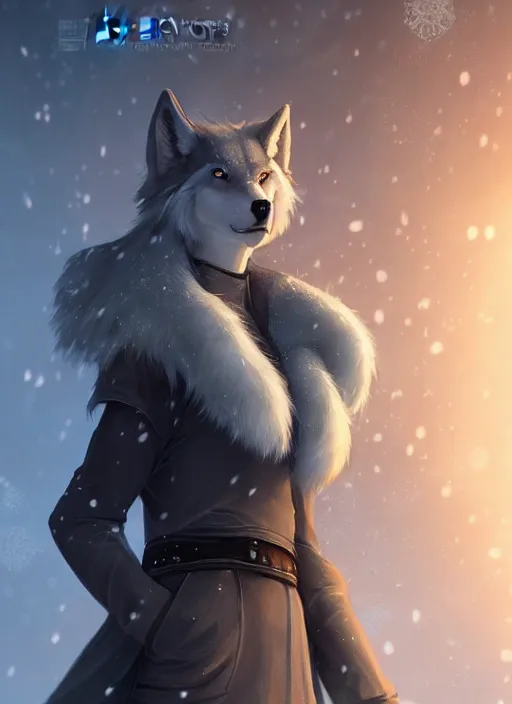 Prompt: beautiful portrait of a female anthro wolf fursona wearing jedi robes in a snow cyberpunk city. character design by charlie bowater, ross tran, artgerm, and makoto shinkai, detailed, soft lighting, rendered in octane