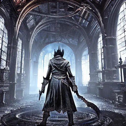 Prompt: dark souls style, bloodborne style, gothic, bottomless infinite library interior, grim dark