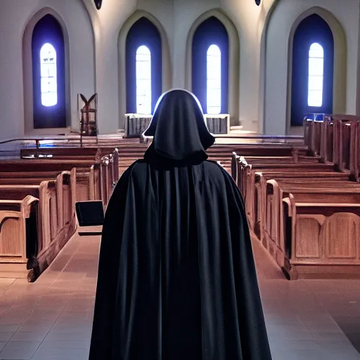 Image similar to emperor palpatine preaching to people at church, 8k cinematic lighting, very sharp detail, anatomically correct