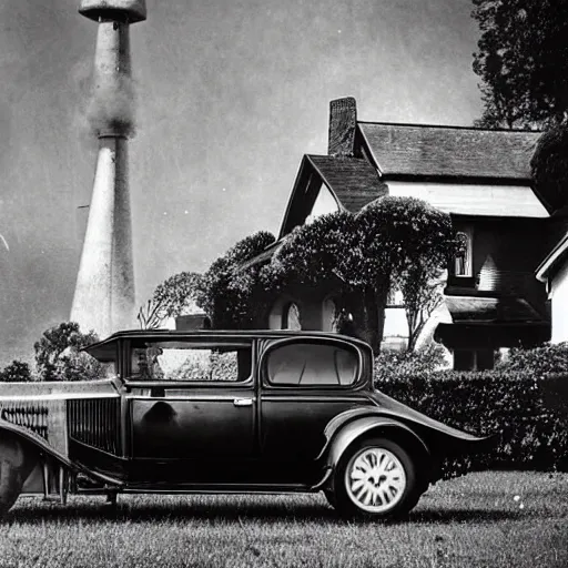 Prompt: an oldie car with turbine, cyber punk, house in background, detailed, award winning, masterpiece, photograph, cinematic, black-white retro photo 1910