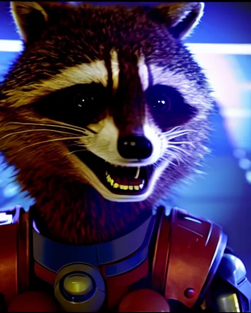 Prompt: film still of furry rocket the raccoon standing in the hallway of a space ship from guardians of the galaxy, wearing mass effect armor, holding a rocket launcher, soft volumetric lighting, cinematic, ridley scott, closeup portrait, confident action pose, octane