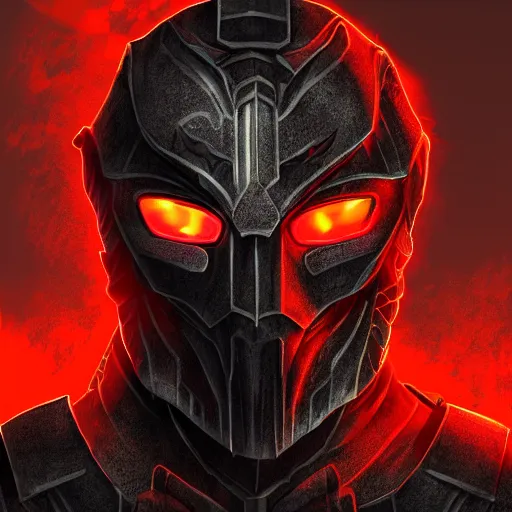 Image similar to a highly detailed character portrait of a man wearing a epic shadow armor with glowing red eyes