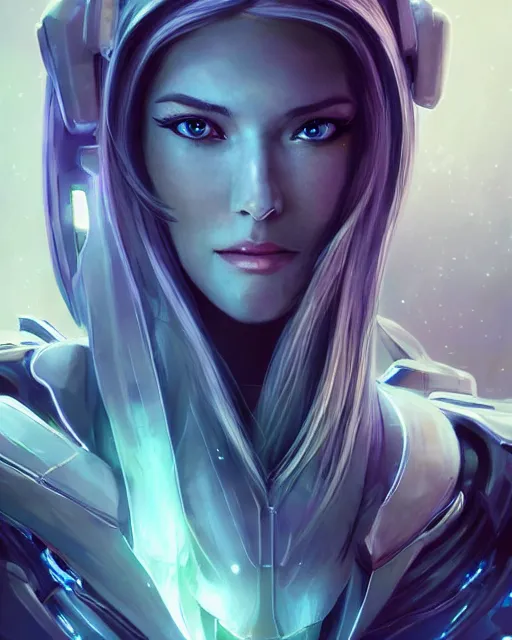 Image similar to beautiful girl on a mothership, android, warframe armor, pretty face, scifi, futuristic, galaxy, raytracing, dreamy, perfect!!!, digital painting, long white hair, blue cyborg eyes, sharp focus, concept art, highly detailed, artstation, intricate, innocent, art by gauthier leblanc, kazuya takahashi, huifeng huang