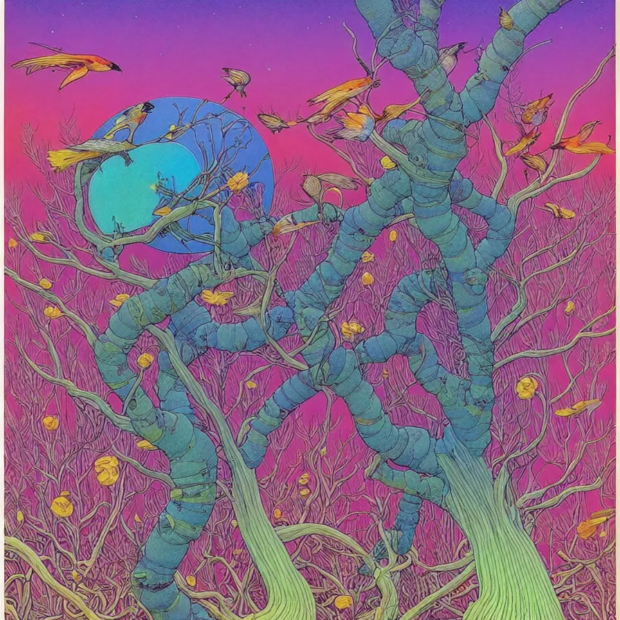 Image similar to ( ( ( beautiful strange forest and flowers and birds ) ) ) by mœbius!!!!!!!!!!!!!!!!!!!!!!!!!!!, overdetailed art, colorful, record jacket, warm tones, bioluminescent