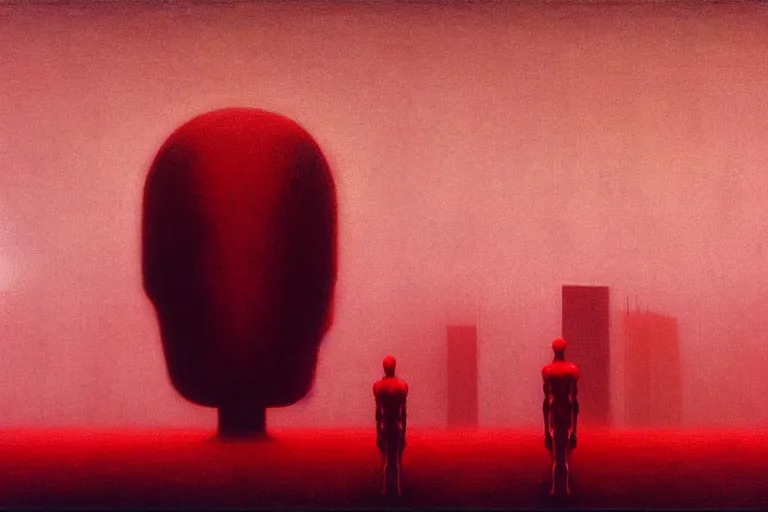 Prompt: only with red, red god of death eat apple, a futuristic city on mars in the background, floor is red worms, in the style of beksinski, part by hopper, part by rodcenko, part by hofbauer, intricate composition, red by caravaggio, insanely quality, highly detailed, masterpiece, red light, artstation, 8 k