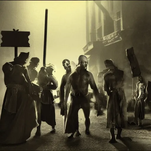 Prompt: a town with a group of peaseants beating a priest tied to a pole, awarded photograph, cinematic atmosphere, dramatic lighting, dark fantasy