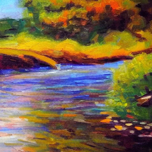 Image similar to a beautiful impressionist painting of a winding river, oils on canvas