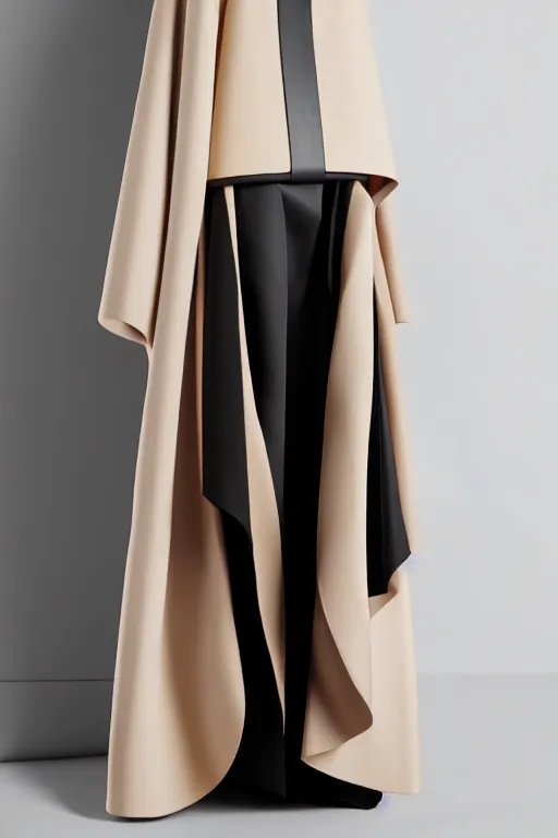 Prompt: haute couture modern designer jwanderson fold volume coat with open neckline, double layer oversize curved seam top, double layer fold over hem, cropped wide sleeve, self belt with leather covered ring closure, back slit, tonal topstitching, gold hardware, lined in cotton, holographic tones scheme sigma 8 5 mm f _ 8, high detail