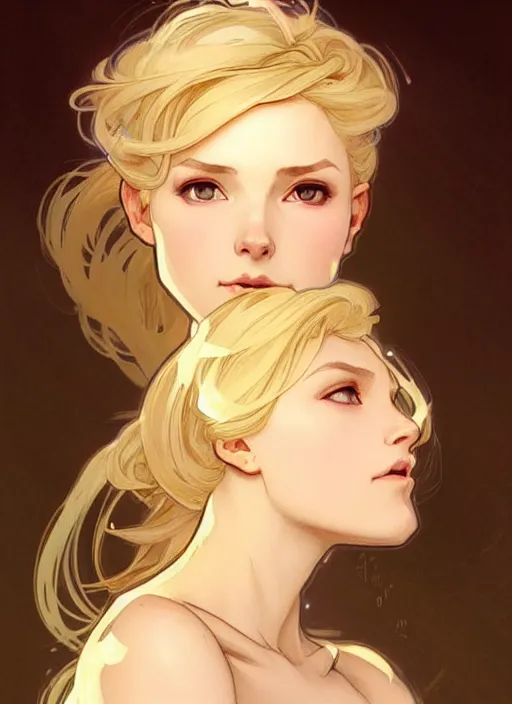 Prompt: digital character concept art by artgerm and greg rutkowski and alphonse mucha. clear portrait of a modern young wife blessed by god to uncontrollably become overwhelmingly perfect!! blonde, in clothes! obviously feminine well - formed holy body!! light effect. hyper detailed, glowing lights!! intricate, elegant, digital painting, artstation, smooth, sharp focus