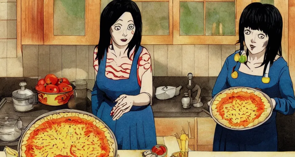 Prompt: Woman in kitchen making a tomato and corn pie in the style of Junji Ito