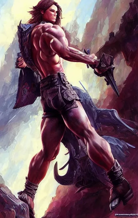 Image similar to pretty muscular sam winchester as a character in a final fantasy art design, character concept, sharp focus!, ultra detailed, art by artgerm and peter andrew jones, wlop