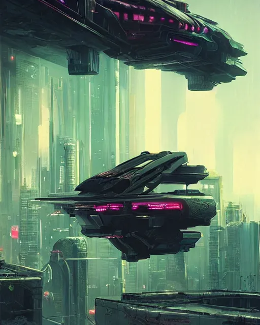 Image similar to cyberpunk vehicle above a city, scifi, futuristic, neon light, highly detailed, concept art, sharp focus, trending on artstation, intricate, atmosphere, raining, art by roman makarenko, dzung phung dinh