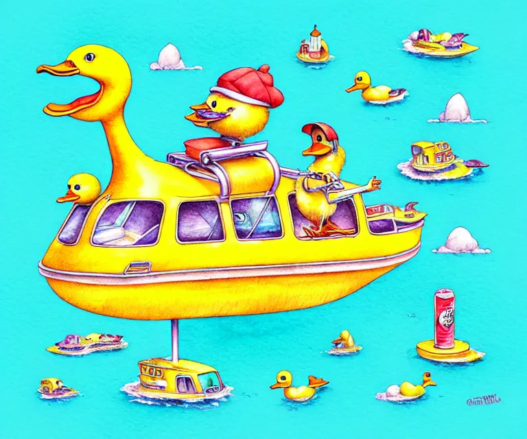 Image similar to cute and funny, duck riding in a tiny caribbean cruise ship, ratfink style by ed roth, centered award winning watercolor pen illustration, isometric illustration by chihiro iwasaki, edited by craola, tiny details by artgerm and watercolor girl, symmetrically isometrically centered
