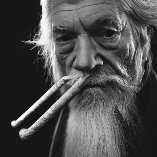 Prompt: a closeup black and white studio photographic portrait of gandalf smoking a long pipe, dramatic lighting