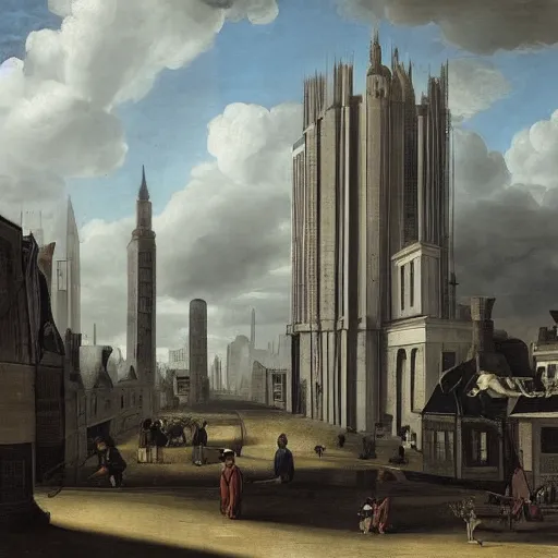 Image similar to by pieter claesz gouache tired. conceptual art. a cityscape in which tall, imposing buildings loom over a small city park. the scene is suffused with a eerie, light, & the overall effect is one of foreboding & menace.