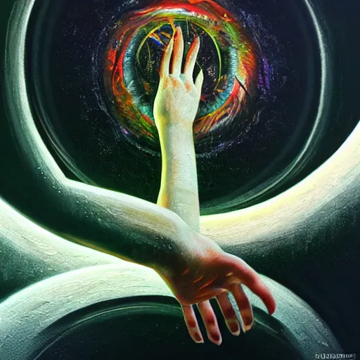 Prompt: hand with and eye in the center, floating in a spiraling abyss, scifi, painted by pedro correa,