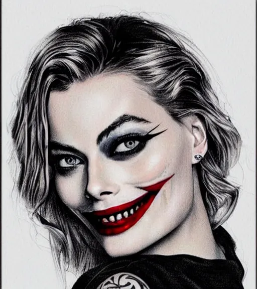 Image similar to tattoo design sketch of beautiful margot robbie portrait with joker makeup, holding an ace card, in the style of den yakovlev, realistic face, black and white, realism tattoo, hyper realistic, highly detailed