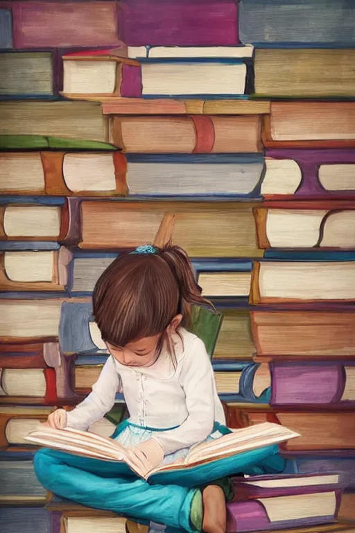 Image similar to a little girl sits cross legged on top of a tall pile of books. she is reading. clean elegant pretty cartoon painting, beautiful detailed face.