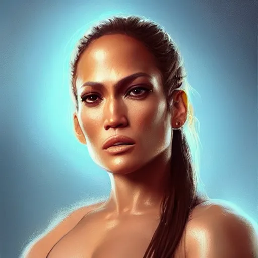 Image similar to “ portrait of jennifer lopez by greg rutkowski, young, attractive, highly detailed portrait, scifi, digital painting, artstation, concept art, smooth, sharp foccus ilustration, artstation hq ”