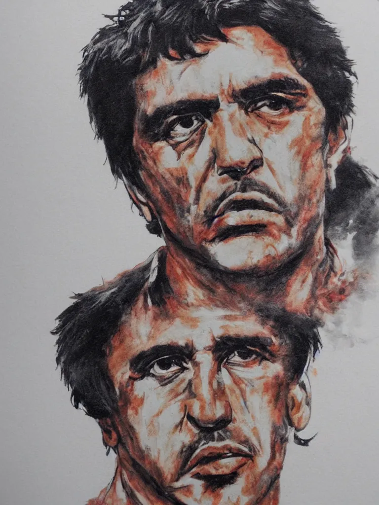 Prompt: close upt. cogerent eyes. detailed face. tony montana from movie scarface. color ink paint