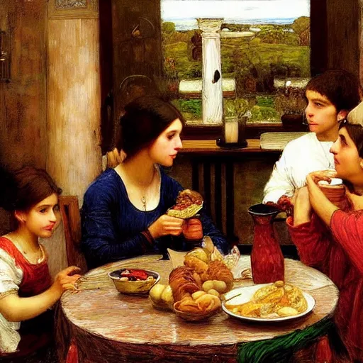 Image similar to a family eating shabbat dinner, painting in the style of john william waterhouse, highly detailed