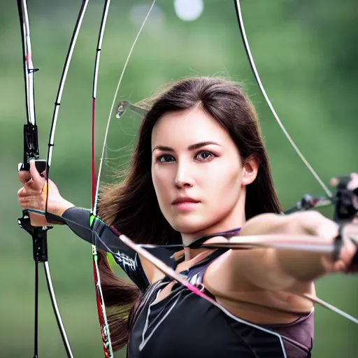 Image similar to photo realistic, consistent and highly detailed face, a attractive sports woman in archery, uhd 8 k, highly detailed