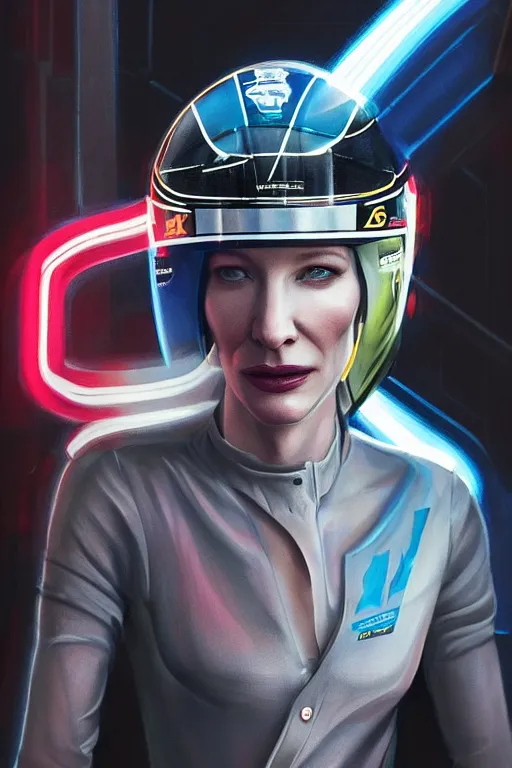 Image similar to portrait of cate blanchett dressed as a formula one racer, wearing formula one racer uniform, at formula one racing car repair room, ssci-fi, fantasy, intricate, very very beautiful, elegant, human anatomy, neon light, highly detailed, digital painting, artstation, concept art, soft light, smooth, sharp focus, illustration, art by tian zi and WLOP and alphonse mucha