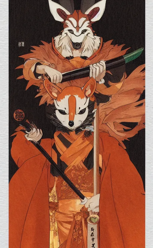 Prompt: masked godly kitsune smoking a wooden pipe, anime style, symmetrical facial features, front trading card, from genshin impact, hyper realistic, orange fur, rule of thirds, extreme detail, 4 k, detailed drawing, trending artstation, realistic lighting, by alphonse mucha, greg rutkowski, sharp focus, backlit, fuji mountain