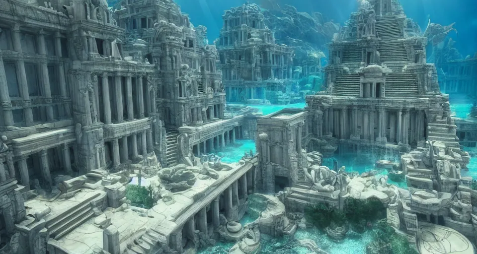 Image similar to the lost city of Atlantis, underwater, epic view, epic lighting, fully built buildings, white marble, hyper detailed, 4K