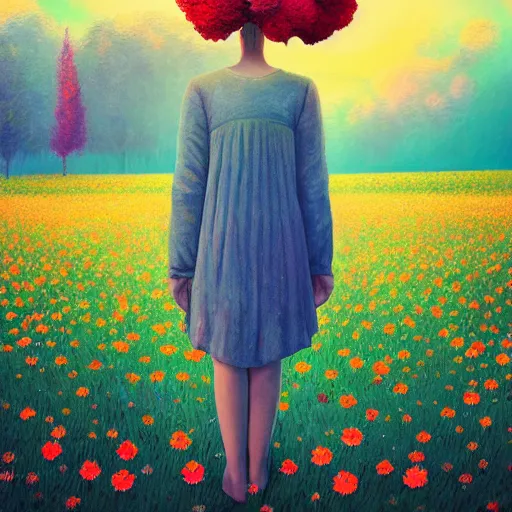 Image similar to girl with a giant flower as a face, surreal photography, dream, standing in flower field, hills, big trees, sunrise dramatic light, impressionist painting, colorful clouds, digital painting, pointillism, artstation, simon stalenhag, flower face