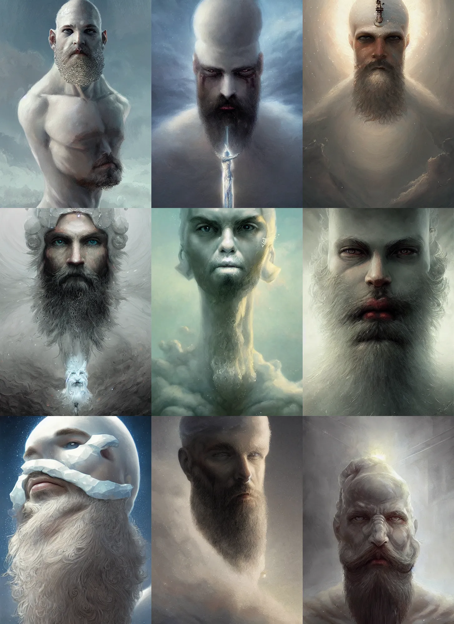 Prompt: white cyclops portrait in sky, sparkling white beard, intricate, elegant, sharp focus, highly detailed, concept art, digital painting, mohrbacher, beksinski, aleksi briclot