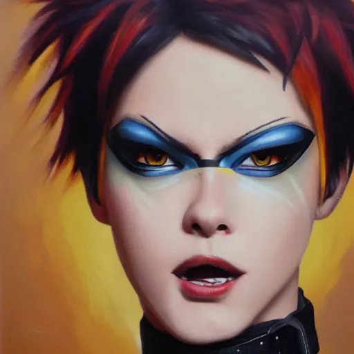 Image similar to oil painting of punk tracer overwatch in a field wearing very large black leather belt choker collar around neck, in style of mark arian, expressive face, very detailed face, very detailed eyes, full body, feminine face, detailed makeup on eyes, tracer overwatch,