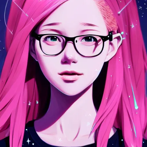 Prompt: beautiful girl with pink hair and glasses, stargazing, stars, moon, moonlight, night time, sharp focus, intricate, digital painting, artstation, official media, anime key visual, highly detailed, rich vivid colors ambient lighting, illustration, art by Artgerm, Makoto Shinkai, Ilya Kuvshinov, Lois Van Baarle and Rossdraws