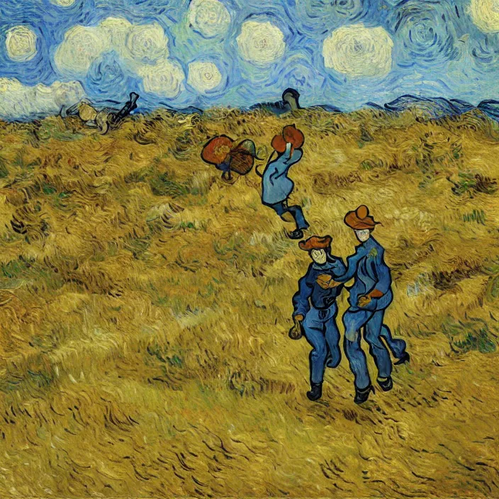 Prompt: adult man and woman playing on the open moorland, painting by van gogh