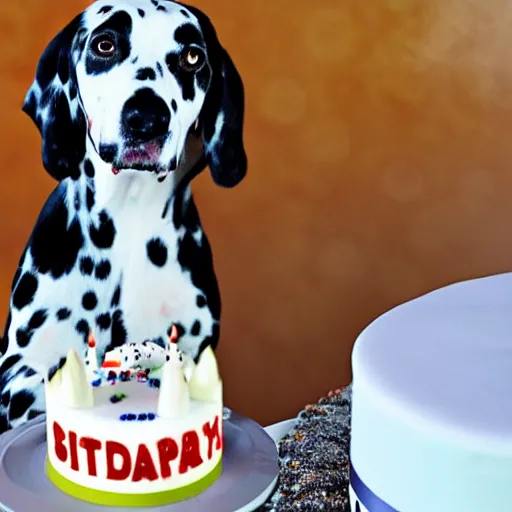 Image similar to photo of dalmatian dog with a birthday cake,