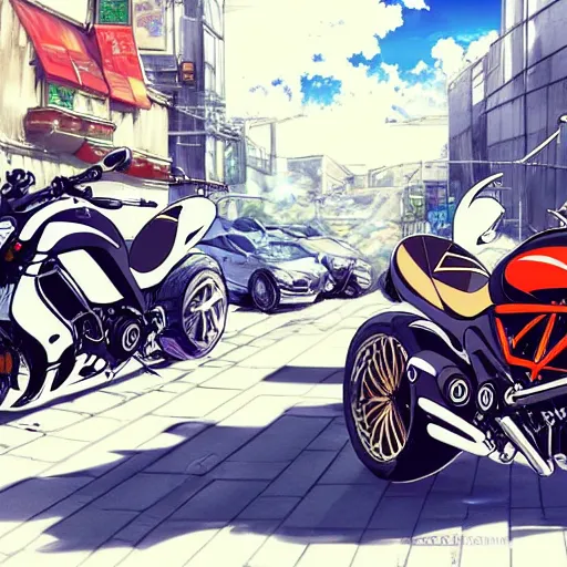 Prompt: anime art vehicle concept art, anime key visual of ducati diavel, at a city street, trending on pixiv fanbox, studio ghibli, extremely high quality artwork