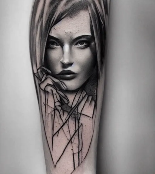 Image similar to tattoo design sketch of a beautiful woman face with a faded background of beautiful mountains and nature on the side, hyper - realistic, in the style of den yakovlev, amazing detail, black and white