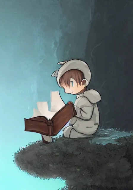 Image similar to beautiful little boy wearing sheep suit reading a book while sitting on chair, gray, blue, green and brown pallet color. made in abyss art style, inspired in kris from deltarrune, cute detailed artwork, anatomically correct, soft details, ilya kuvshinov, reflection, perfect composition, mobile wallpaper, low illumination